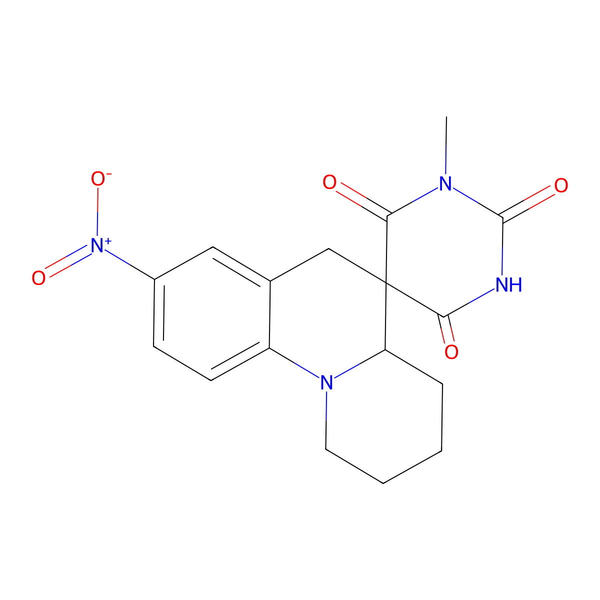 1'-Methyl-8-nitrospiro[1,2,3,4,4a,6-hexahydrobenzo[c]quinolizine-5,5'-1,3-diazinane]-2',4',6'-trione molecular structure, CAS 696658-89-6