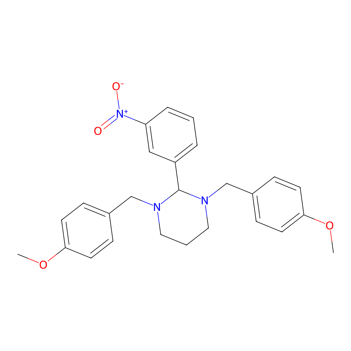 1,3-Bis[(4-methoxyphenyl)methyl]-2-(3-nitrophenyl)-1,3-diazinane molecular structure, CAS 6970-15-6