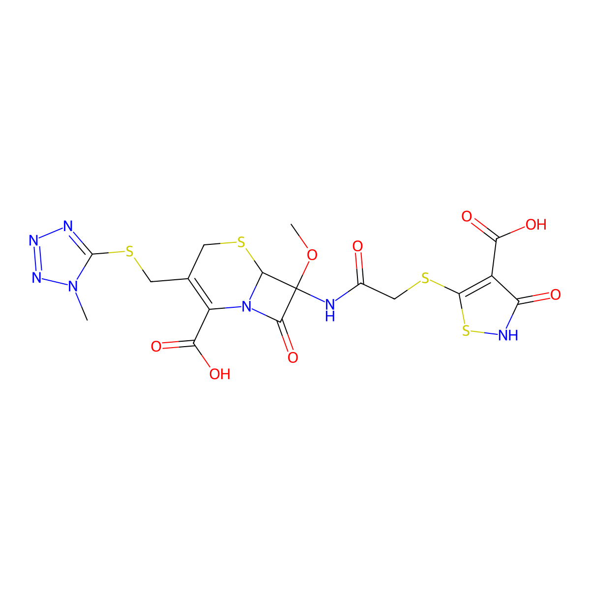 (6R,7S)-7-[[2-[(4-carboxy-3-oxo-1,2-thiazol-5-yl)sulfanyl]acetyl]amino]-7-methoxy-3-[(1-methyltetrazol-5-yl)sulfanylmethyl]-8-oxo-5-thia-1-azabicyclo[4.2.0]oct-2-ene-2-carboxylic acid molecular structure, CAS 69712-30-7