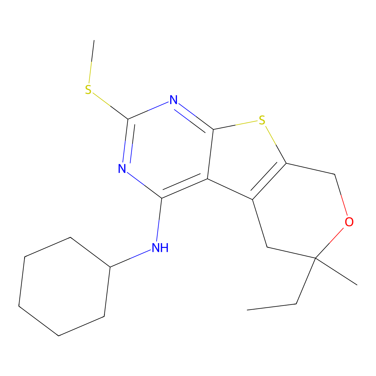 N-cyclohexyl-6-ethyl-6-methyl-2-methylsulfanyl-5,8-dihydropyrano[4,5]thieno[1,2-c]pyrimidin-4-amine molecular structure, CAS 697230-51-6