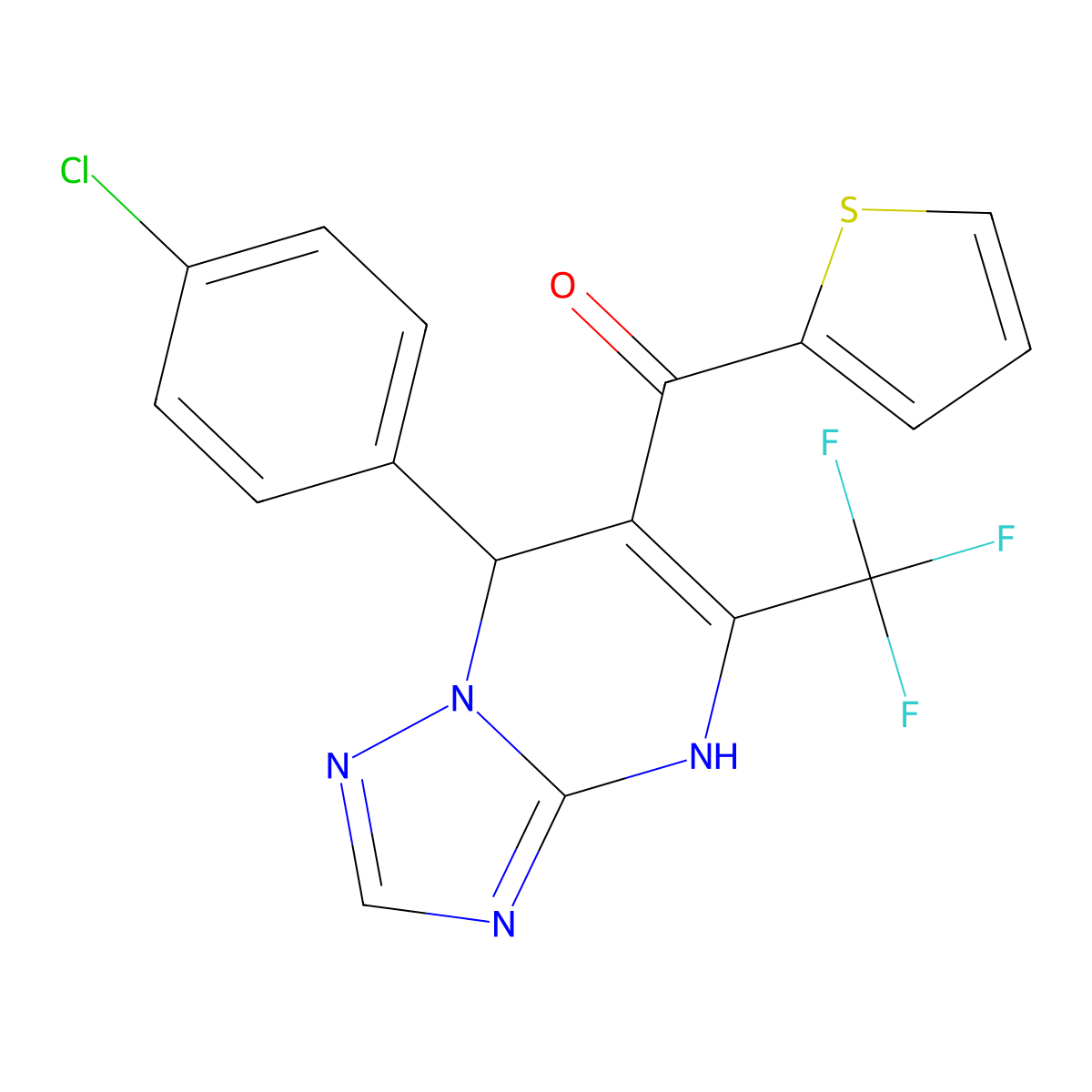 (7-(4-Chlorophenyl)-5-(trifluoromethyl)-4,7-dihydro-[1,2,4]triazolo[1,5-a]pyrimidin-6-yl)(thiophen-2-yl)methanone molecular structure, CAS 697230-59-4
