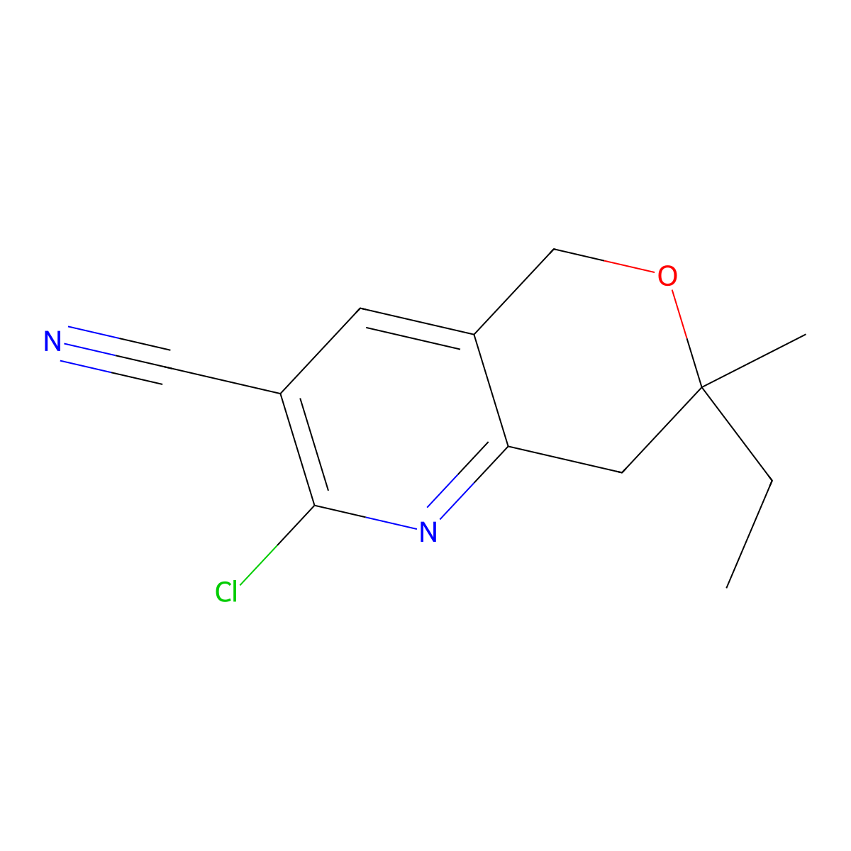 2-Chloro-7-ethyl-7-methyl-7,8-dihydro-5H-pyrano[4,3-b]pyridine-3-carbonitrile molecular structure, CAS 697230-72-1