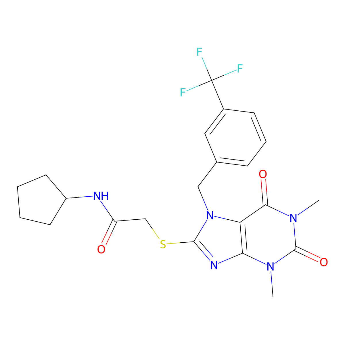 N-cyclopentyl-2-[1,3-dimethyl-2,6-dioxo-7-[[3-(trifluoromethyl)phenyl]methyl]purin-8-yl]sulfanylacetamide molecular structure, CAS 697231-00-8