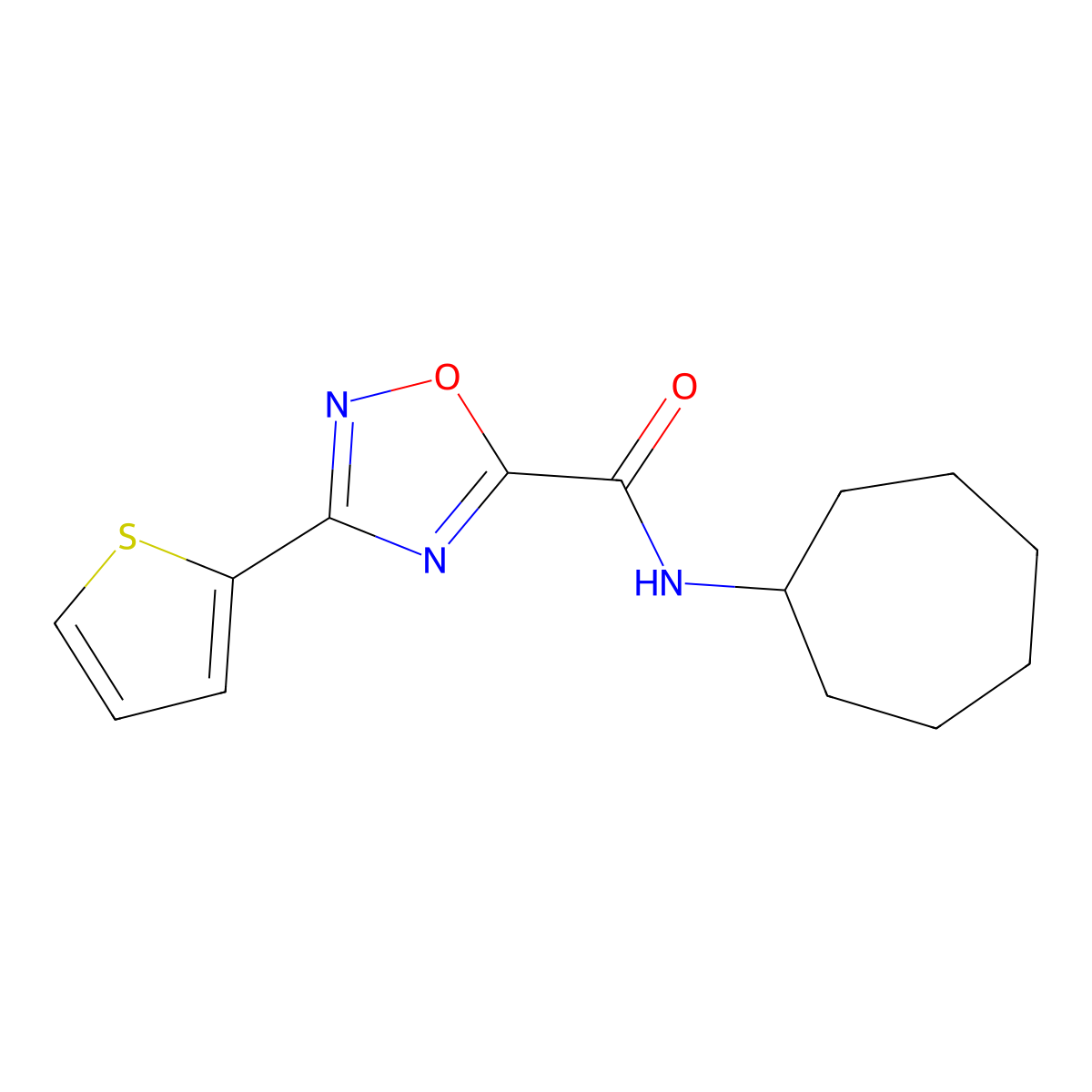 N-cycloheptyl-3-thiophen-2-yl-1,2,4-oxadiazole-5-carboxamide molecular structure, CAS 697231-78-0