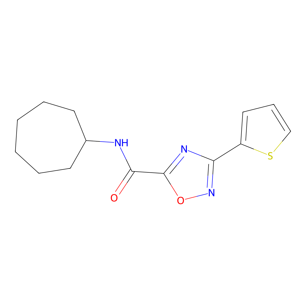 N-cycloheptyl-3-thiophen-2-yl-1,2,4-oxadiazole-5-carboxamide molecular structure, CAS 697231-78-0