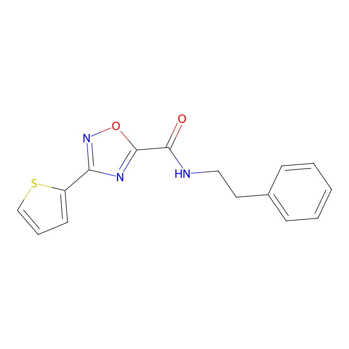 N-(2-phenylethyl)-3-(2-thienyl)-1,2,4-oxadiazole-5-carboxamide molecular structure, CAS 697231-81-5