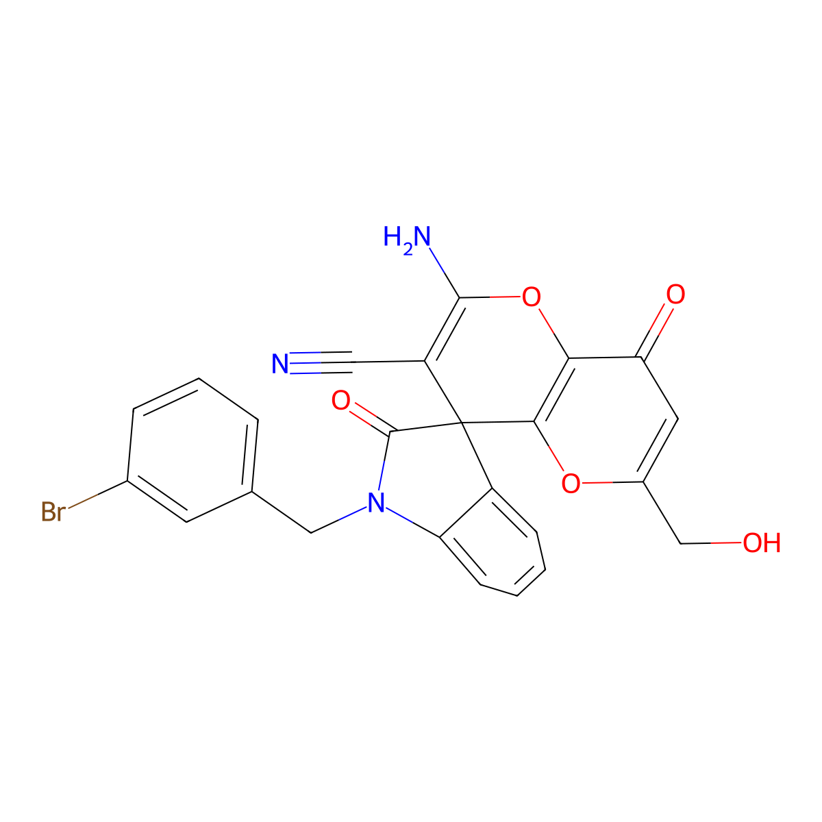 2'-amino-1-[(3-bromophenyl)methyl]-6'-(hydroxymethyl)-2,8'-dioxo-1,2-dihydro-8'H-spiro[indole-3,4'-pyrano[3,2-b]pyran]-3'-carbonitrile molecular structure, CAS 697232-61-4