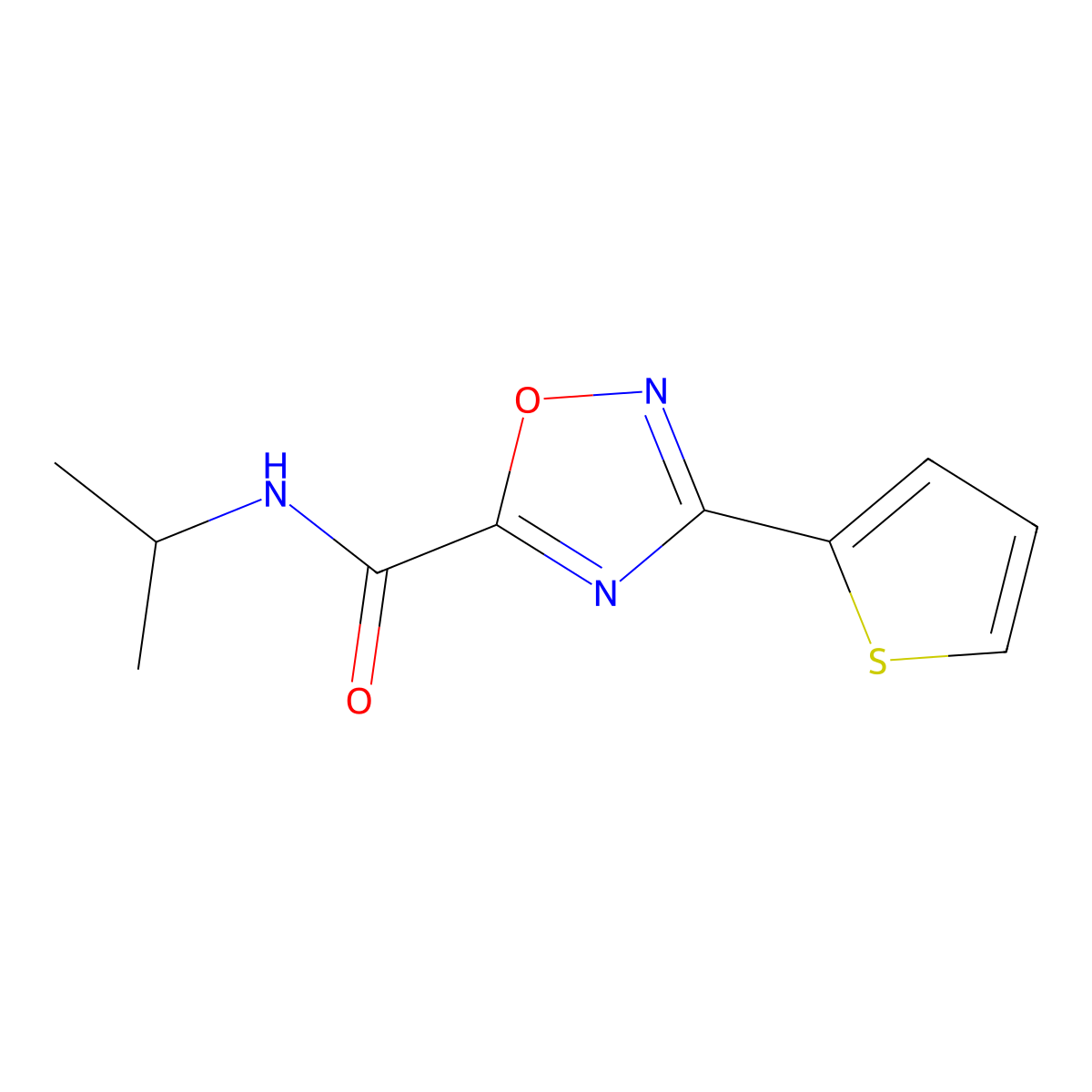 N-propan-2-yl-3-thiophen-2-yl-1,2,4-oxadiazole-5-carboxamide molecular structure, CAS 697233-15-1