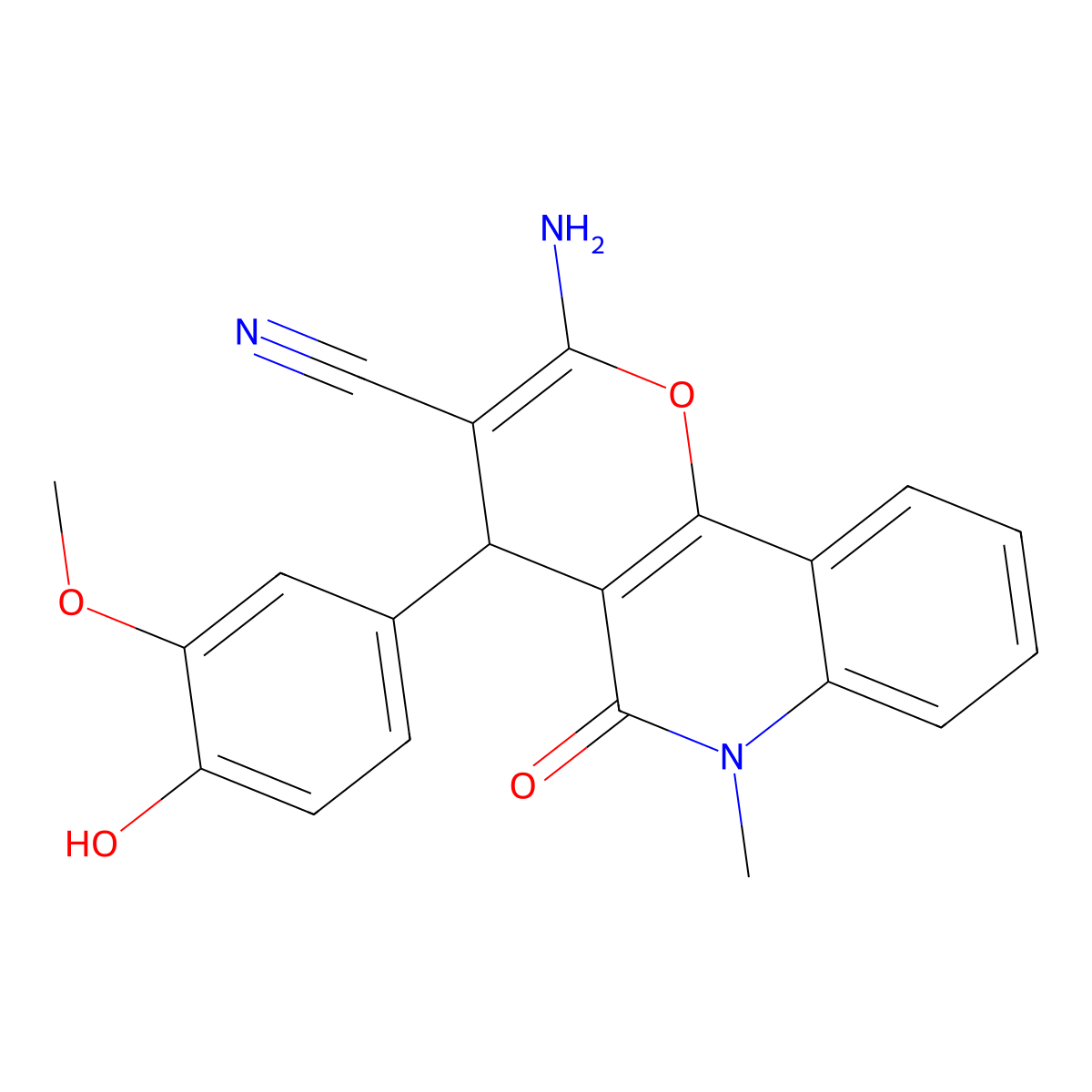 2-amino-4-(4-hydroxy-3-methoxyphenyl)-6-methyl-5-oxo-5,6-dihydro-4H-pyrano[3,2-c]quinoline-3-carbonitrile molecular structure, CAS 697237-08-4