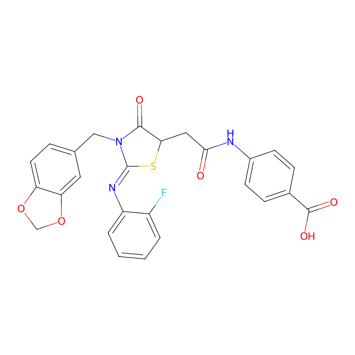 4-[({(2Z)-3-(1,3-benzodioxol-5-ylmethyl)-2-[(2-fluorophenyl)imino]-4-oxo-1,3-thiazolidin-5-yl}acetyl)amino]benzoic acid molecular structure, CAS 697239-78-4