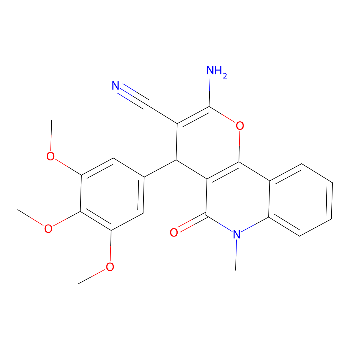 2-amino-6-methyl-5-oxo-4-(3,4,5-trimethoxyphenyl)-5,6-dihydro-4H-pyrano[3,2-c]quinoline-3-carbonitrile molecular structure, CAS 697245-45-7
