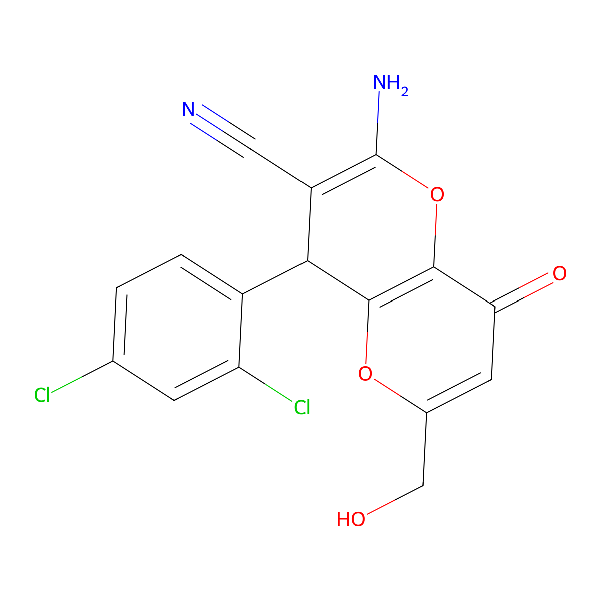 2-Amino-4-(2,4-dichlorophenyl)-6-(hydroxymethyl)-8-oxo-4,8-dihydropyrano[3,2-b]pyran-3-carbonitrile molecular structure, CAS 697246-15-4