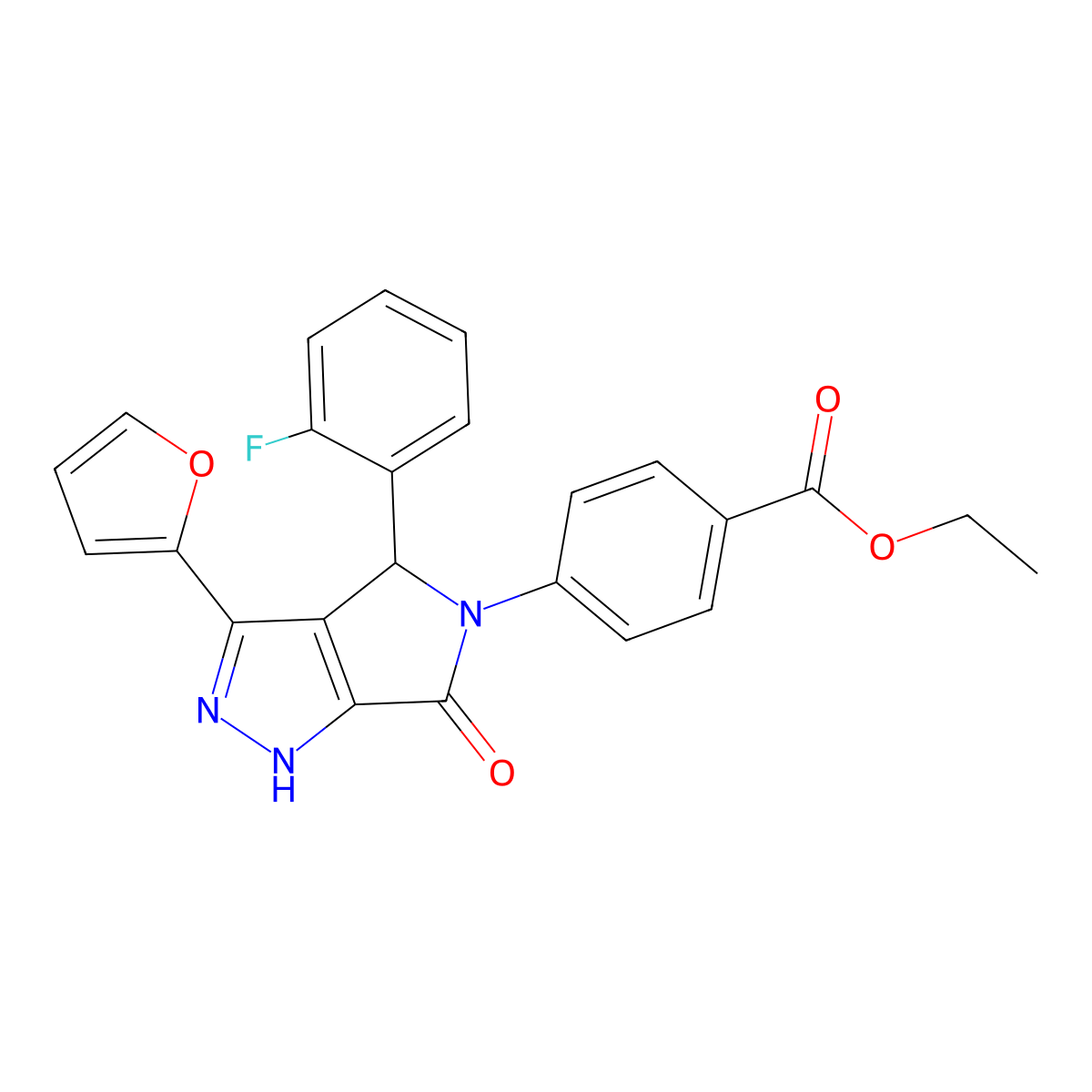 Ethyl 4-[4-(2-fluorophenyl)-3-(furan-2-yl)-6-oxo-2,4-dihydropyrrolo[3,4-c]pyrazol-5-yl]benzoate molecular structure, CAS 697246-17-6