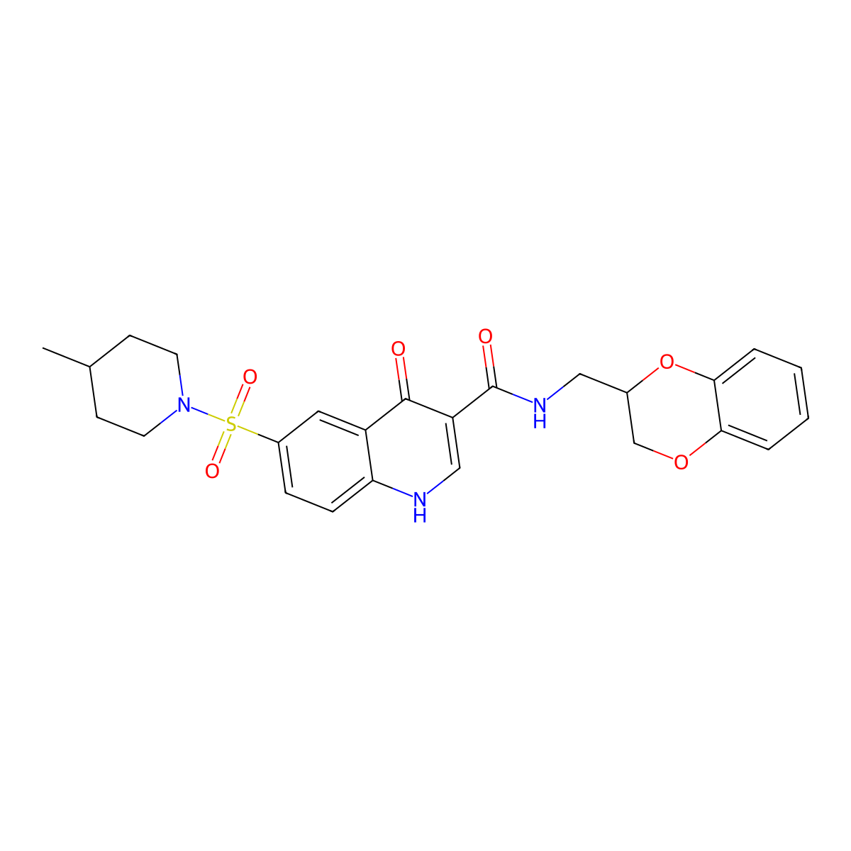 N-((2,3-dihydrobenzo[b][1,4]dioxin-2-yl)methyl)-6-((4-methylpiperidin-1-yl)sulfonyl)-4-oxo-1,4-dihydroquinoline-3-carboxamide molecular structure, CAS 697295-08-2