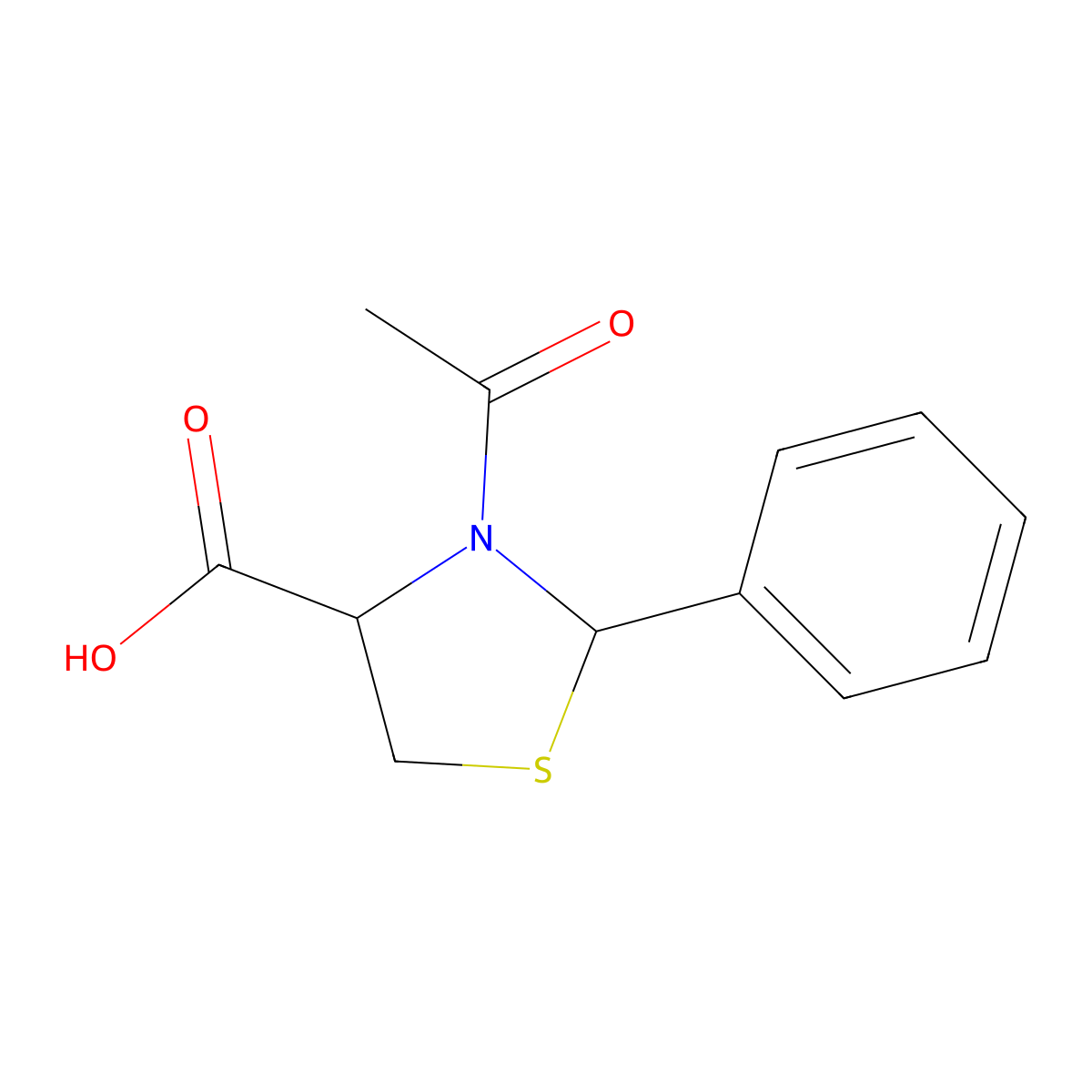 (2R,4R)-3-acetyl-2-phenyl-1,3-thiazolidine-4-carboxylic acid molecular structure, CAS 69739-21-5