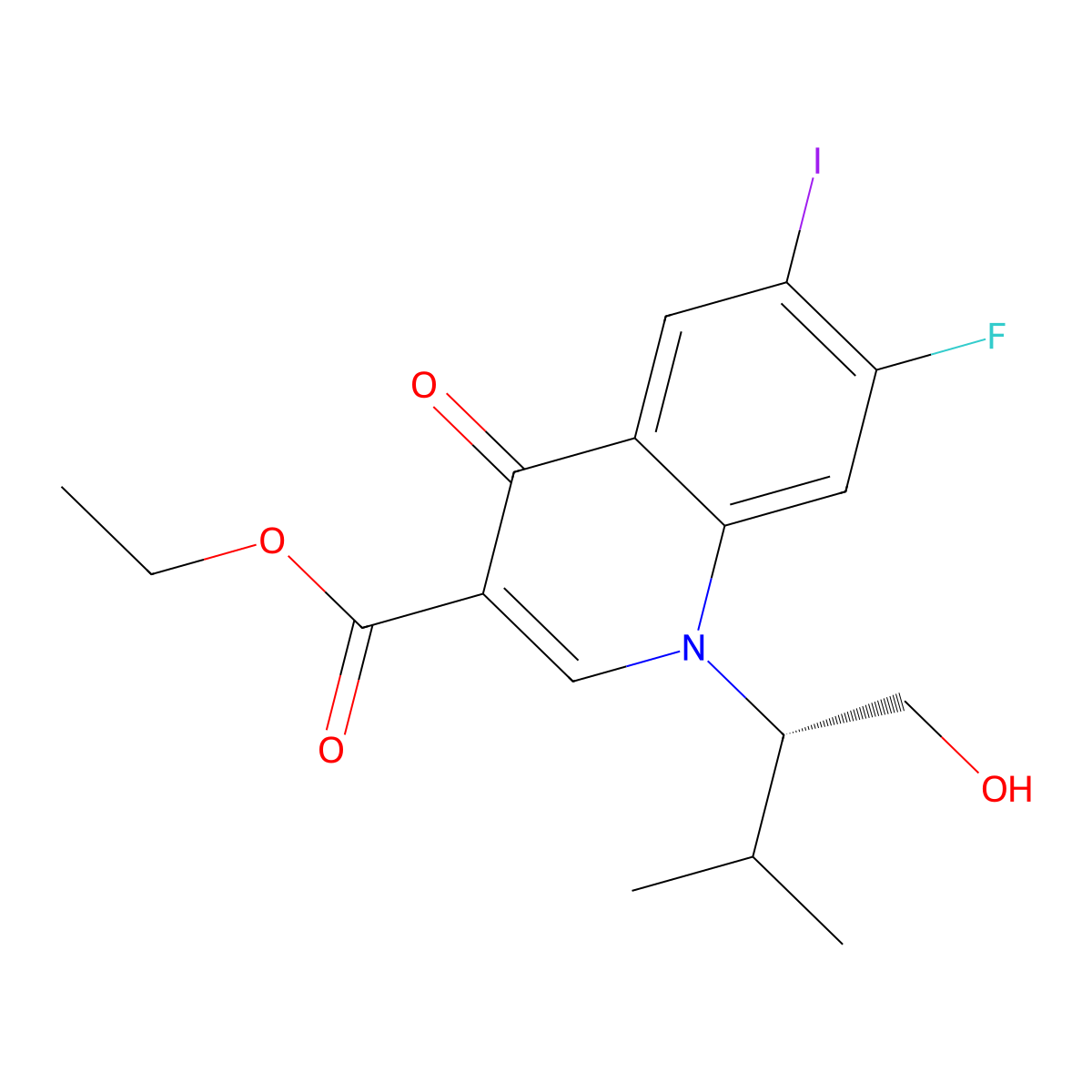 (S)-Ethyl 7-fluoro-1-(1-hydroxy-3-methylbutan-2-yl)-6-iodo-4-oxo-1,4-dihydroquinoline-3-carboxylate molecular structure, CAS 697762-60-0