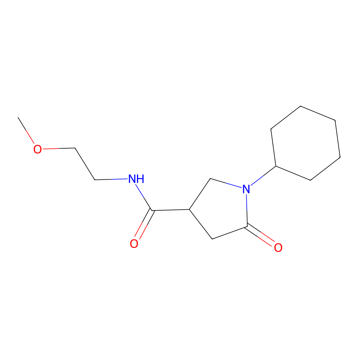 1-cyclohexyl-N-(2-methoxyethyl)-5-oxopyrrolidine-3-carboxamide molecular structure, CAS 697791-01-8