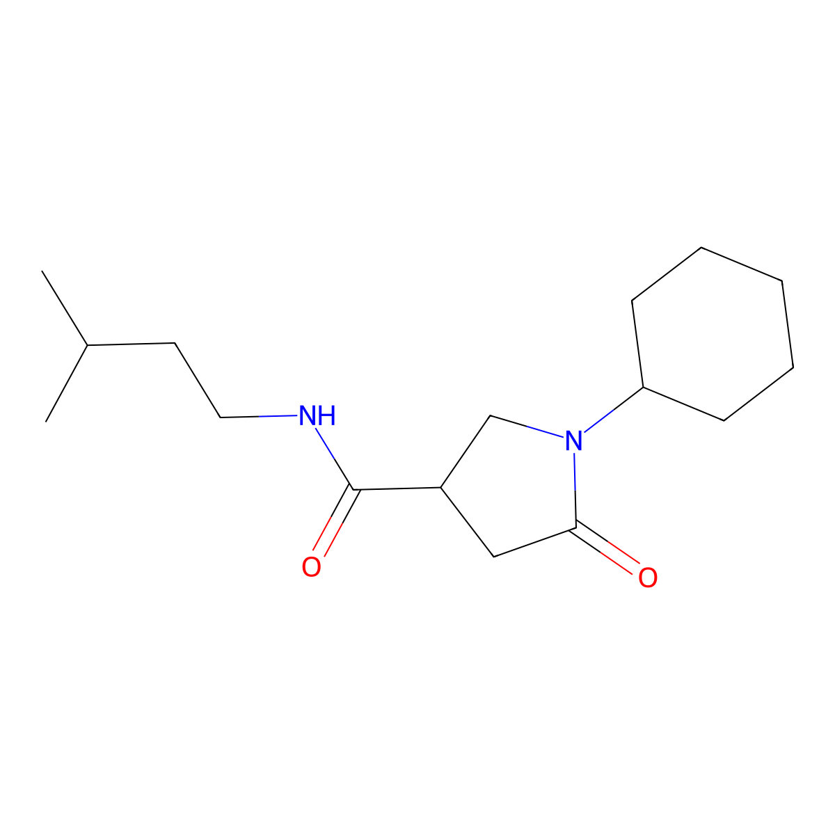 1-cyclohexyl-N-(3-methylbutyl)-5-oxopyrrolidine-3-carboxamide molecular structure, CAS 697791-12-1
