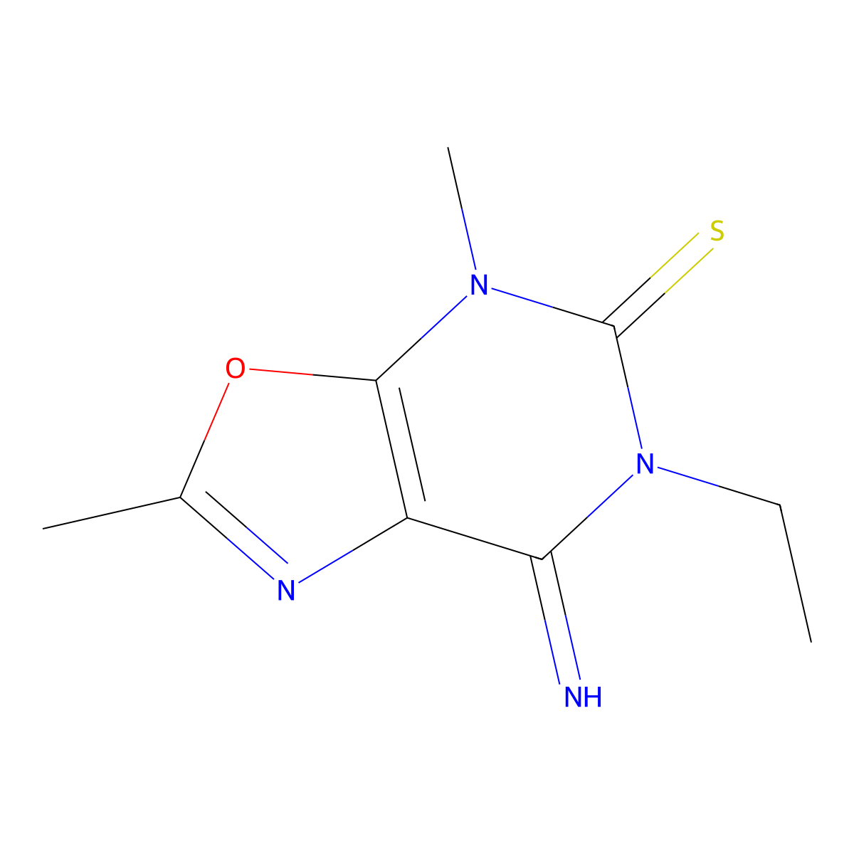 6-Ethyl-7-imino-2,4-dimethyl-6,7-dihydrooxazolo[5,4-d]pyrimidine-5(4H)-thione molecular structure, CAS 698365-69-4