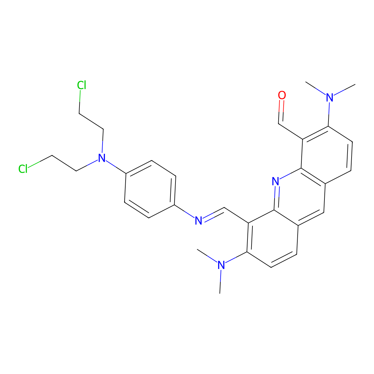Acridine-4-carboxaldehyde, 3,6-bis(dimethylamino)-5-((p-((bis(2-chloroethyl))amino)phenyl)iminomethyl)- molecular structure, CAS 69837-10-1