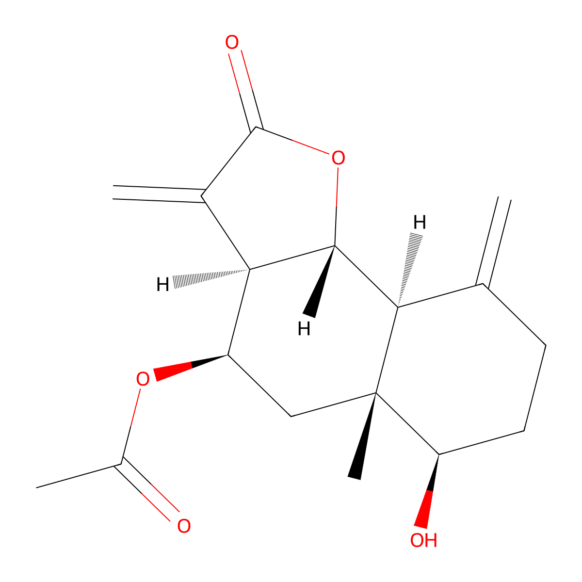 Naphtho(1,2-b)furan-2(3H)-one, 4-(acetyloxy)decahydro-6-hydroxy-5a-methyl-3,9-bis(methylene)-, (3aR,4R,5aR,6R,9aS,9bR)- molecular structure, CAS 69845-02-9