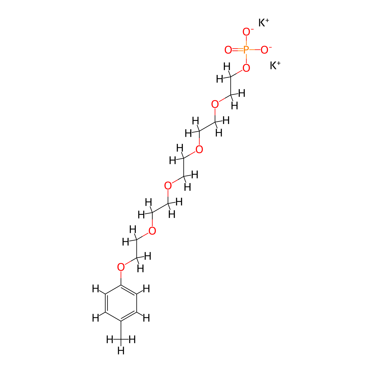 3,6,9,12-Tetraoxatetradecan-1-ol, 14-(4-methylphenoxy)-, 1-(dihydrogen phosphate), potassium salt (1:2) molecular structure, CAS 69847-46-7