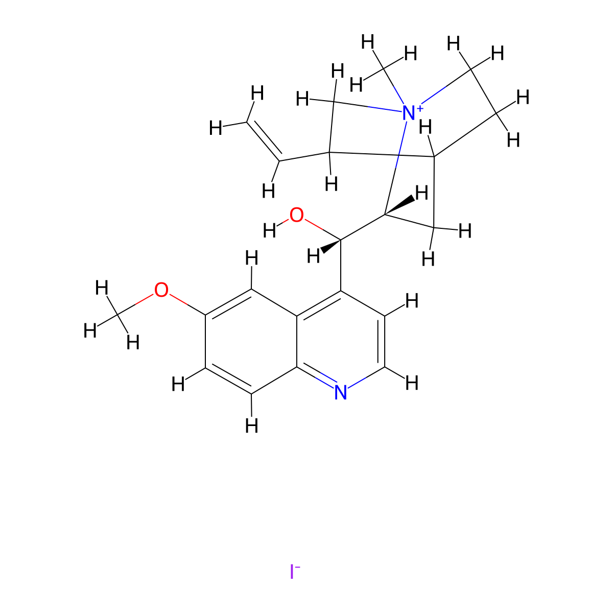 Cinchonan-1-ium, 9-hydroxy-6'-methoxy-1-methyl-, iodide, (6-alpha,9R)- molecular structure, CAS 69881-63-6