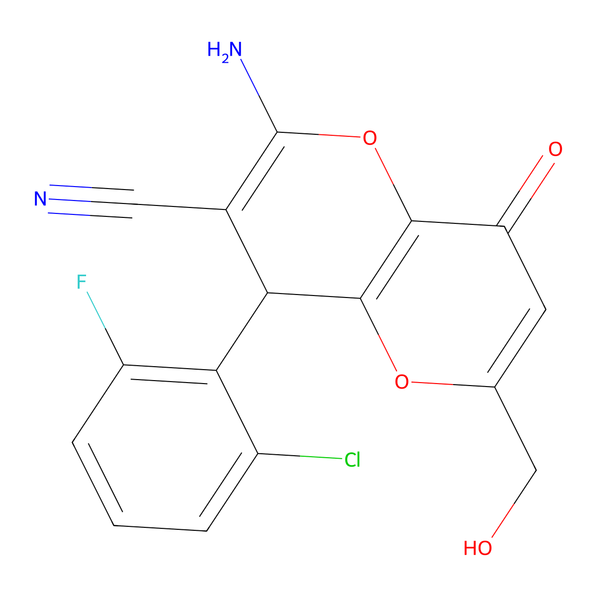 2-amino-4-(2-chloro-6-fluorophenyl)-6-(hydroxymethyl)-8-oxo-4H-pyrano[3,2-b]pyran-3-carbonitrile molecular structure, CAS 698977-44-5
