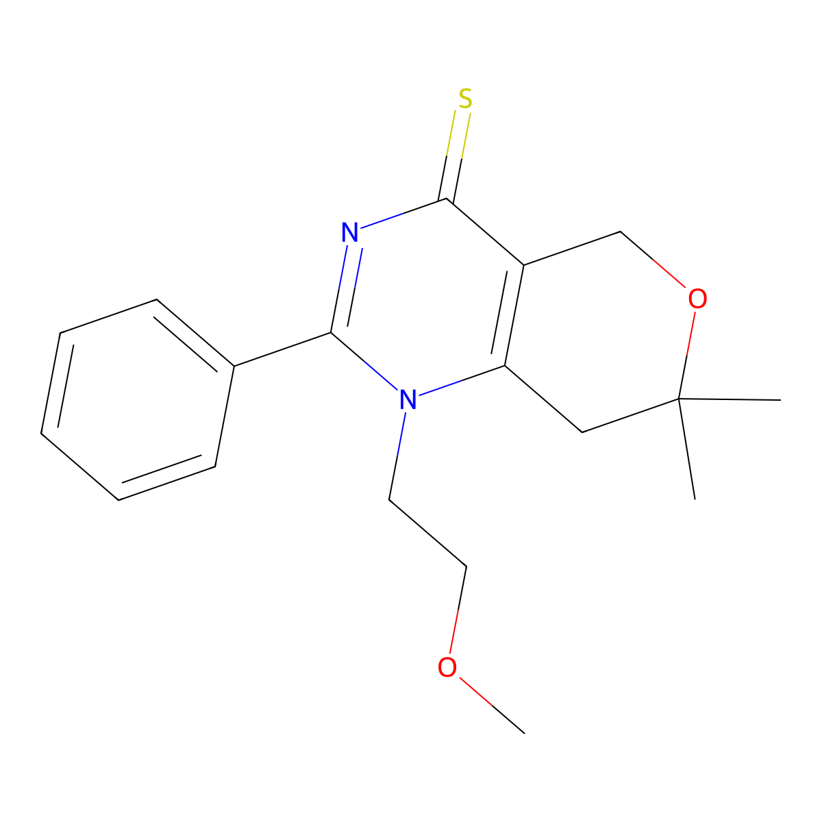 1-(2-methoxyethyl)-7,7-dimethyl-2-phenyl-1,5,7,8-tetrahydro-4H-pyrano[4,3-d]pyrimidine-4-thione molecular structure, CAS 698980-90-4