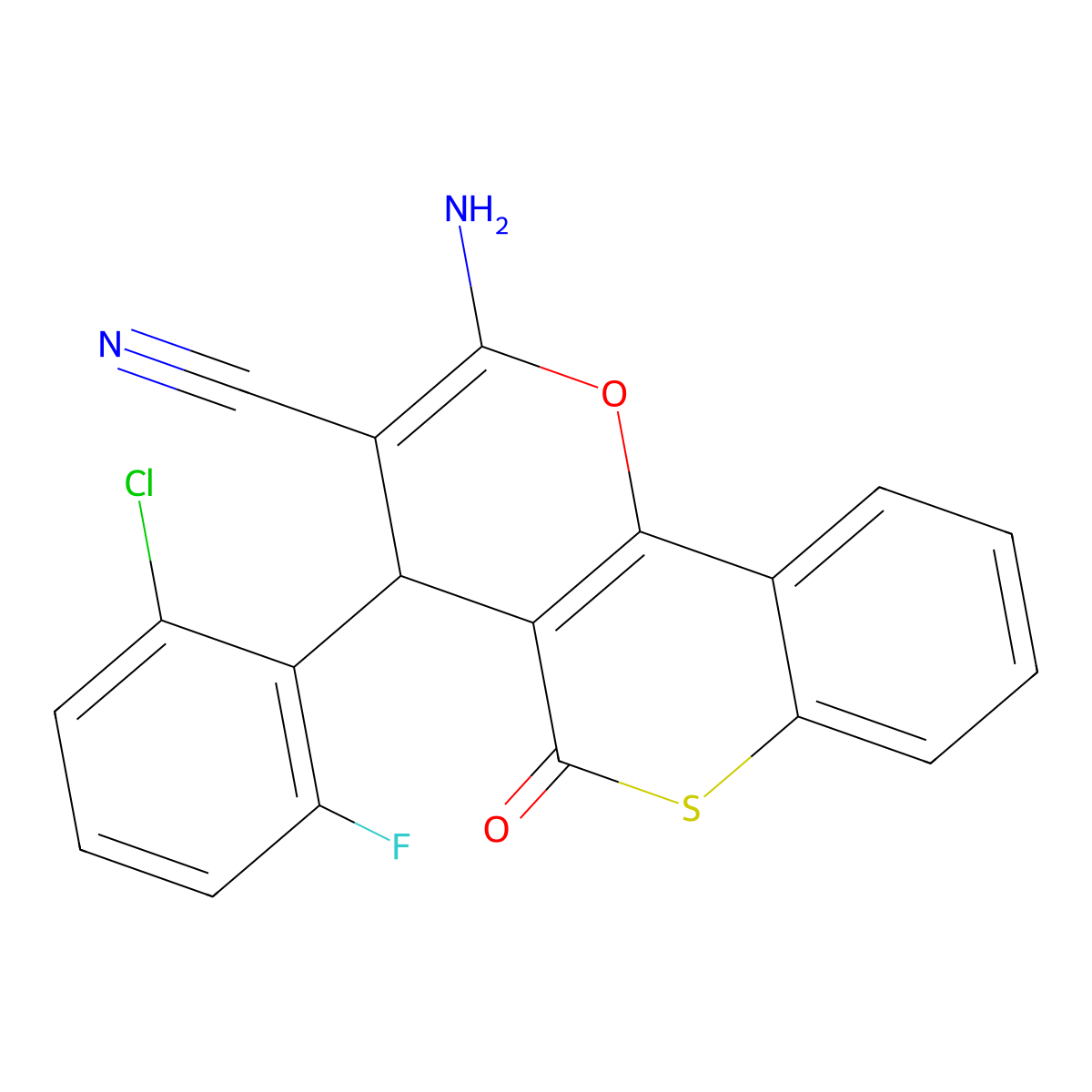 2-amino-4-(2-chloro-6-fluorophenyl)-5-oxo-4H,5H-thiochromeno[4,3-b]pyran-3-carbonitrile molecular structure, CAS 698982-42-2