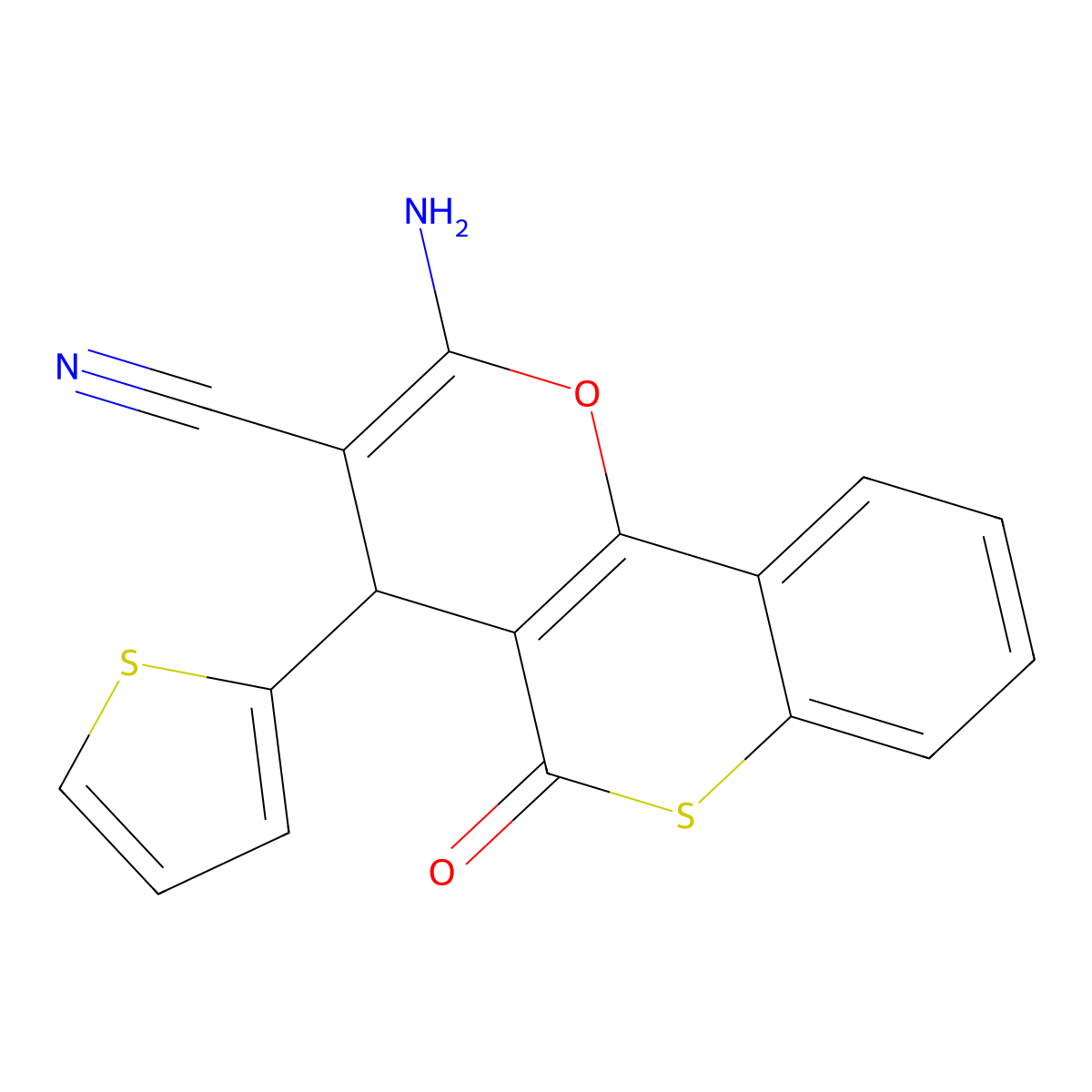 2-amino-5-oxo-4-(2-thienyl)-4H,5H-thiochromeno[4,3-b]pyran-3-carbonitrile molecular structure, CAS 698982-57-9
