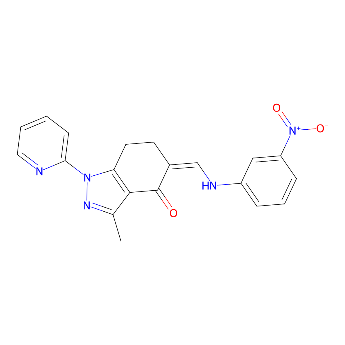 1,5,6,7-Tetrahydro-3-methyl-5-[[(3-nitrophenyl)amino]methylene]-1-(2-pyridinyl)-4H-indazol-4-one molecular structure, CAS 698984-38-2