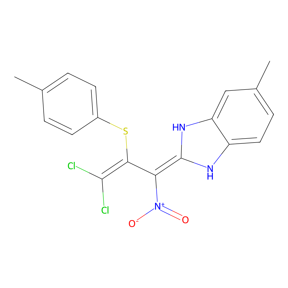 2-[3,3-Dichloro-2-[(4-methylphenyl)thio]-1-nitro-2-propen-1-ylidene]-2,3-dihydro-5-methyl-1H-benzimidazole molecular structure, CAS 698992-53-9