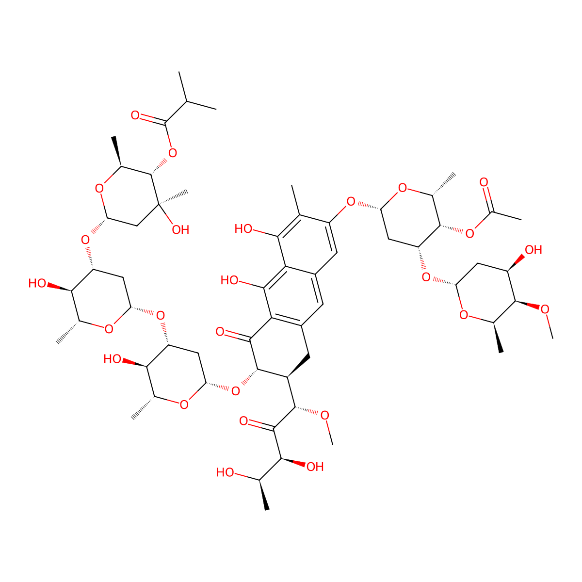 (1S)-1-C-((2S,3S)-7-((4-O-Acetyl-2,6-dideoxy-3-O-(2,6-dideoxy-4-O-methyl-alpha-D-lyxo-hexopyranosyl)-beta-D-lyxo-hexopyranosyl)oxy)-3-((O-2,6-dideoxy-3-C-methyl-4-O-(2-methyl-1-oxopropyl)-alpha-L-arabino-hexopyranosyl(1->3)-O-2,6-dideoxy-beta-D-arabino-hexopyranosyl-(1->3)-2,6-dideoxy-beta-D-arabino-hexopyranosyl)oxy)-1,2,3,4-tetrahydro-5,10-dihydroxy-6-methyl-4-oxo-2-anthracenyl)-5-deoxy-1-O-methyl-D-threo-2-pentulose molecular structure, CAS 6992-70-7