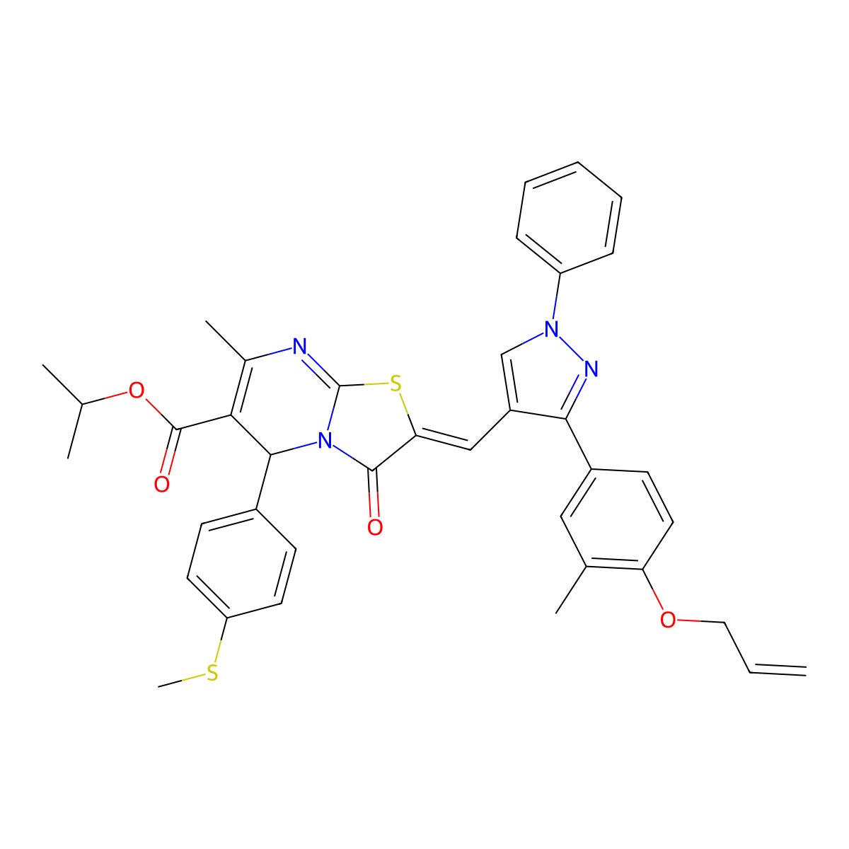 propan-2-yl 7-methyl-2-[[3-(3-methyl-4-prop-2-enoxyphenyl)-1-phenylpyrazol-4-yl]methylidene]-5-(4-methylsulfanylphenyl)-3-oxo-5H-[1,3]thiazolo[3,2-a]pyrimidine-6-carboxylate molecular structure, CAS 6998-30-7