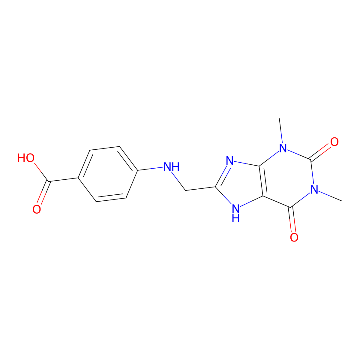4-[(1,3-dimethyl-2,6-dioxo-7H-purin-8-yl)methylamino]benzoic acid molecular structure, CAS 7000-61-5