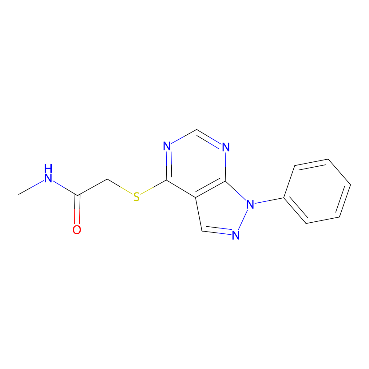 N-methyl-2-(1-phenylpyrazolo[3,4-d]pyrimidin-4-yl)sulfanylacetamide molecular structure, CAS 70011-72-2