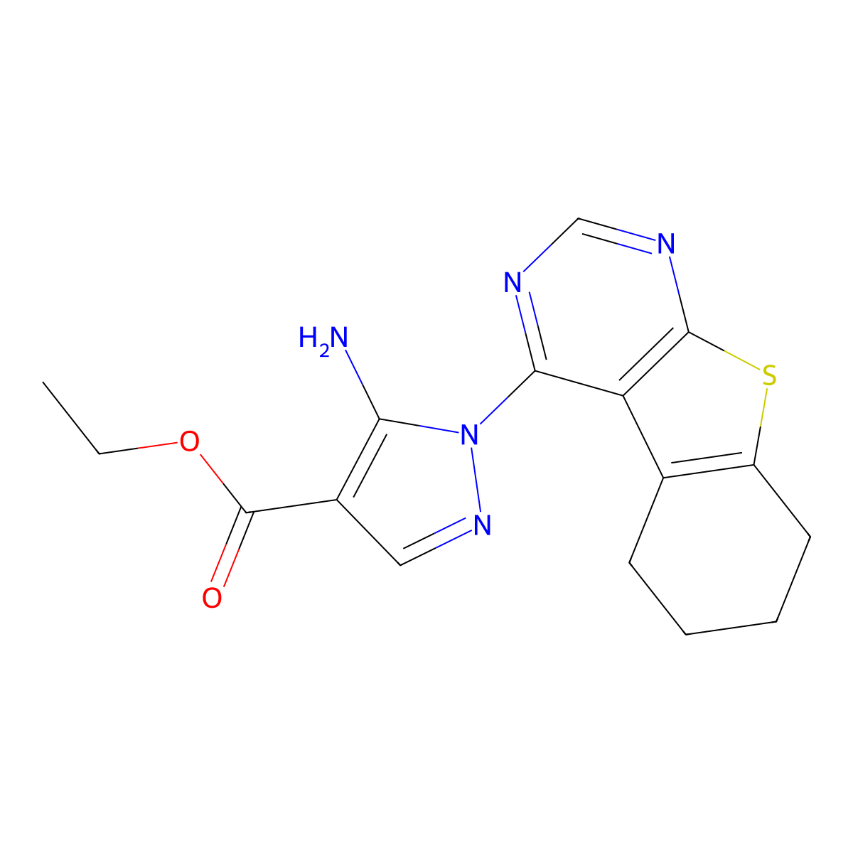 ethyl 5-amino-1-(5,6,7,8-tetrahydro[1]benzothieno[2,3-d]pyrimidin-4-yl)-1H-pyrazole-4-carboxylate molecular structure, CAS 70059-69-7
