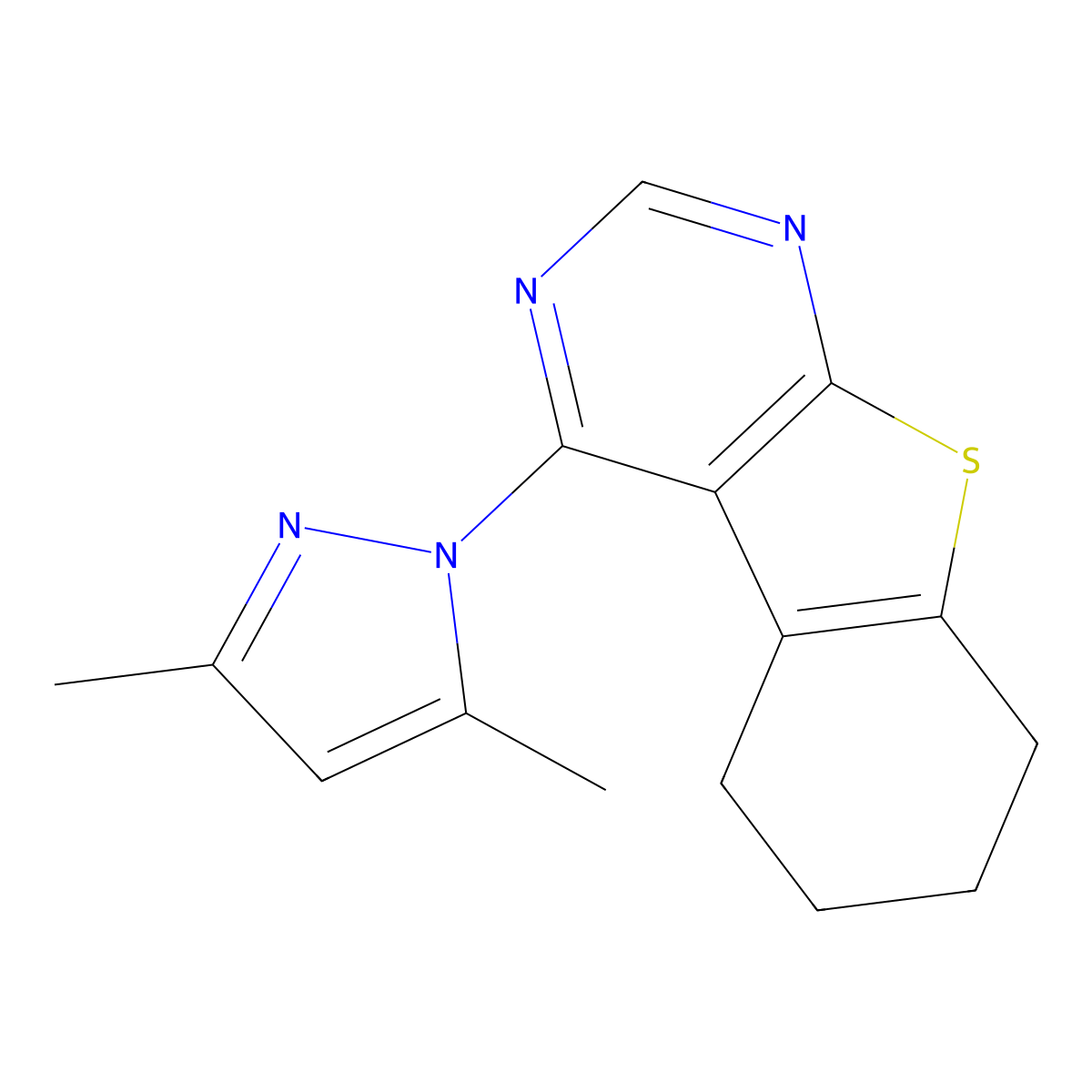 4-(3,5-dimethyl-1H-pyrazol-1-yl)-5,6,7,8-tetrahydro[1]benzothieno[2,3-d]pyrimidine molecular structure, CAS 70059-70-0