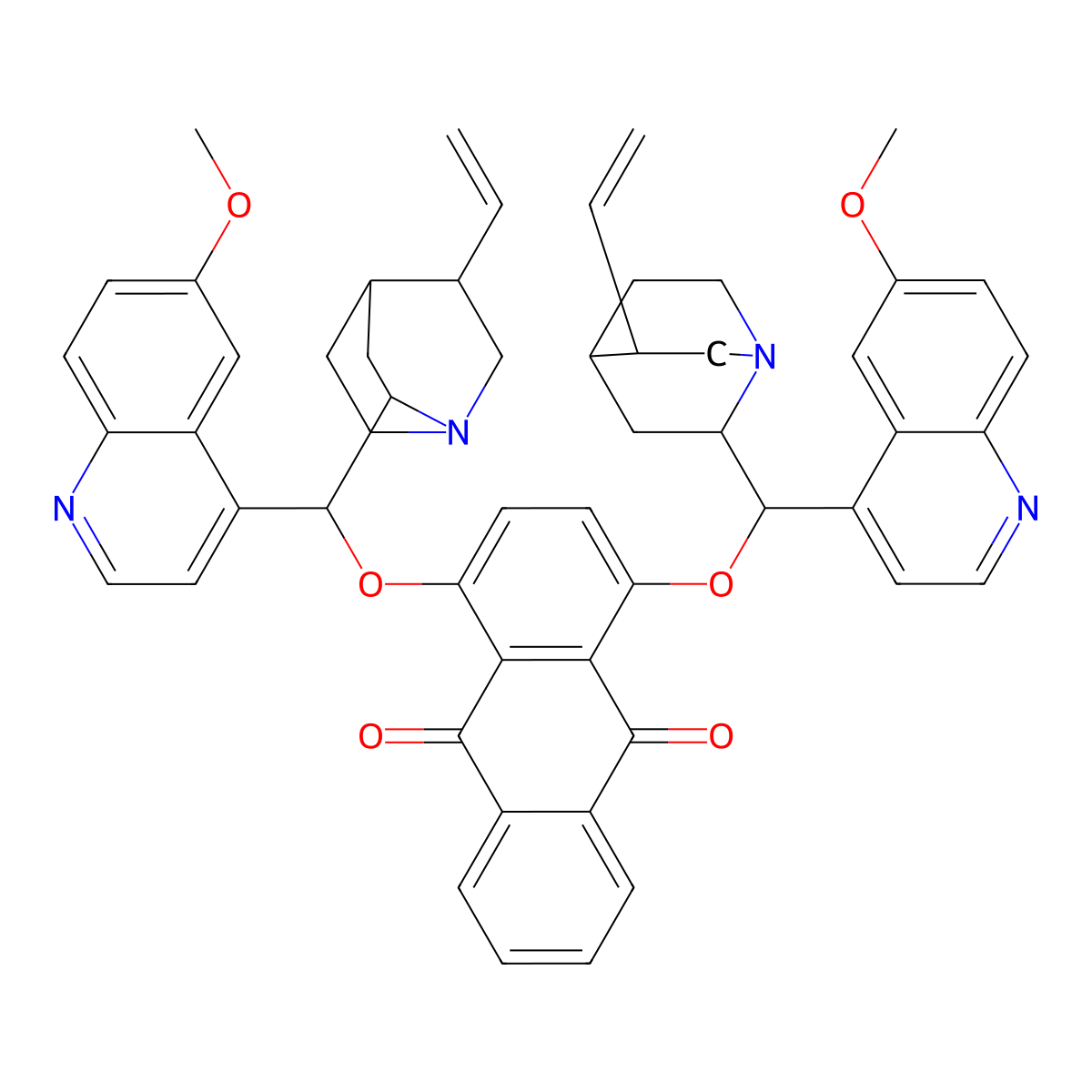 1,4-Bis((6-methoxyquinolin-4-yl)(5-vinylquinuclidin-2-yl)methoxy)anthracene-9,10-dione molecular structure, CAS 700840-83-1