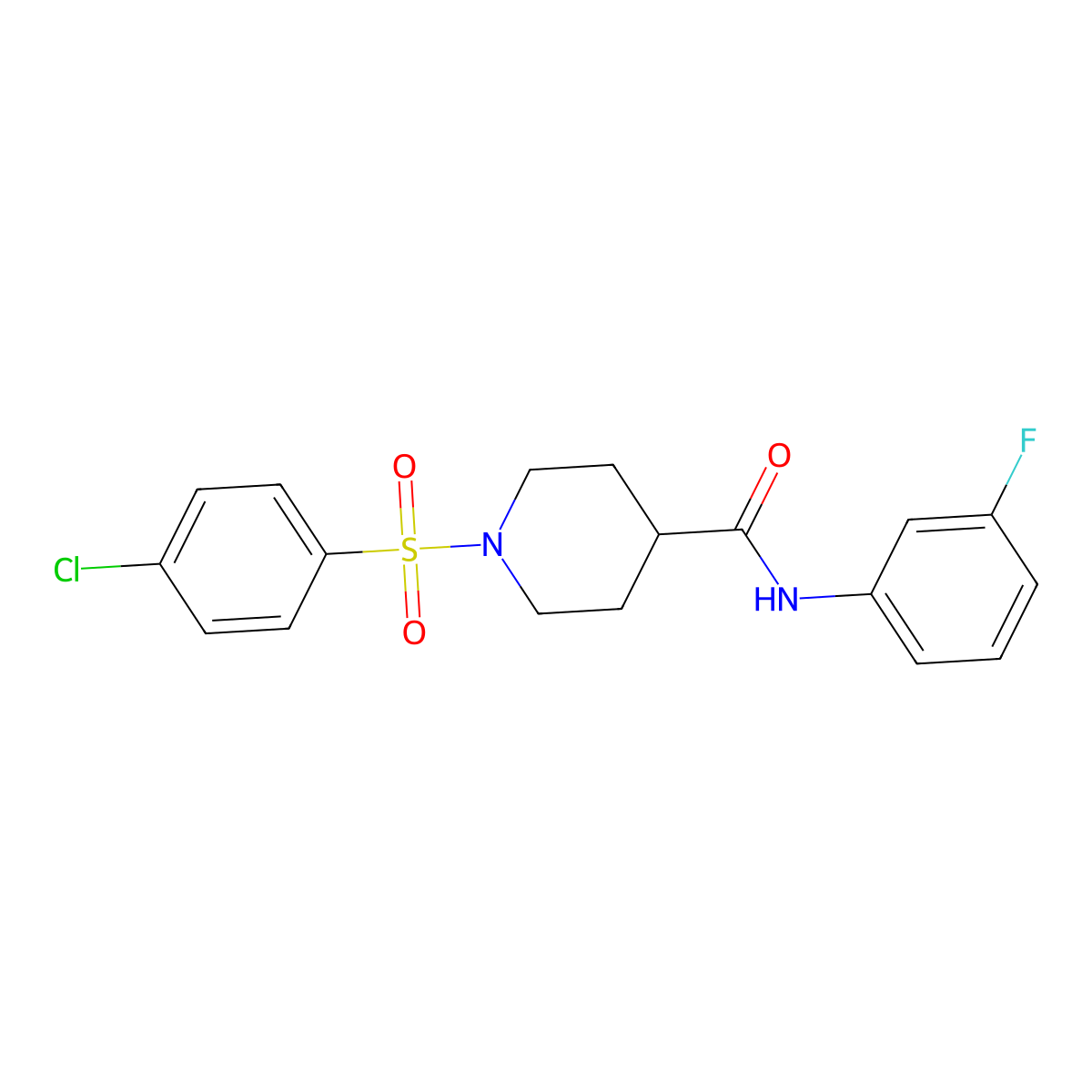 1-(4-chlorophenyl)sulfonyl-N-(3-fluorophenyl)piperidine-4-carboxamide molecular structure, CAS 700847-55-8