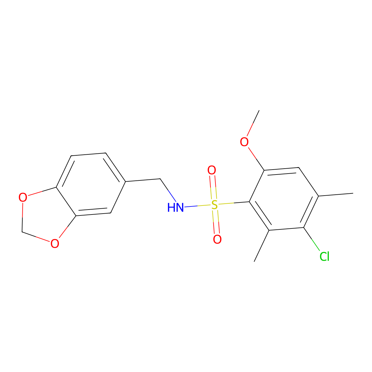 N-(1,3-benzodioxol-5-ylmethyl)-3-chloro-6-methoxy-2,4-dimethylbenzenesulfonamide molecular structure, CAS 700851-53-2