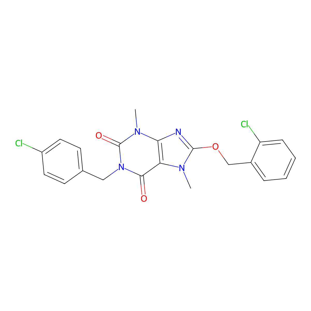 8-[(2-Chlorophenyl)methoxy]-1-[(4-chlorophenyl)methyl]-3,7-dimethylpurine-2,6-dione molecular structure, CAS 700852-59-1