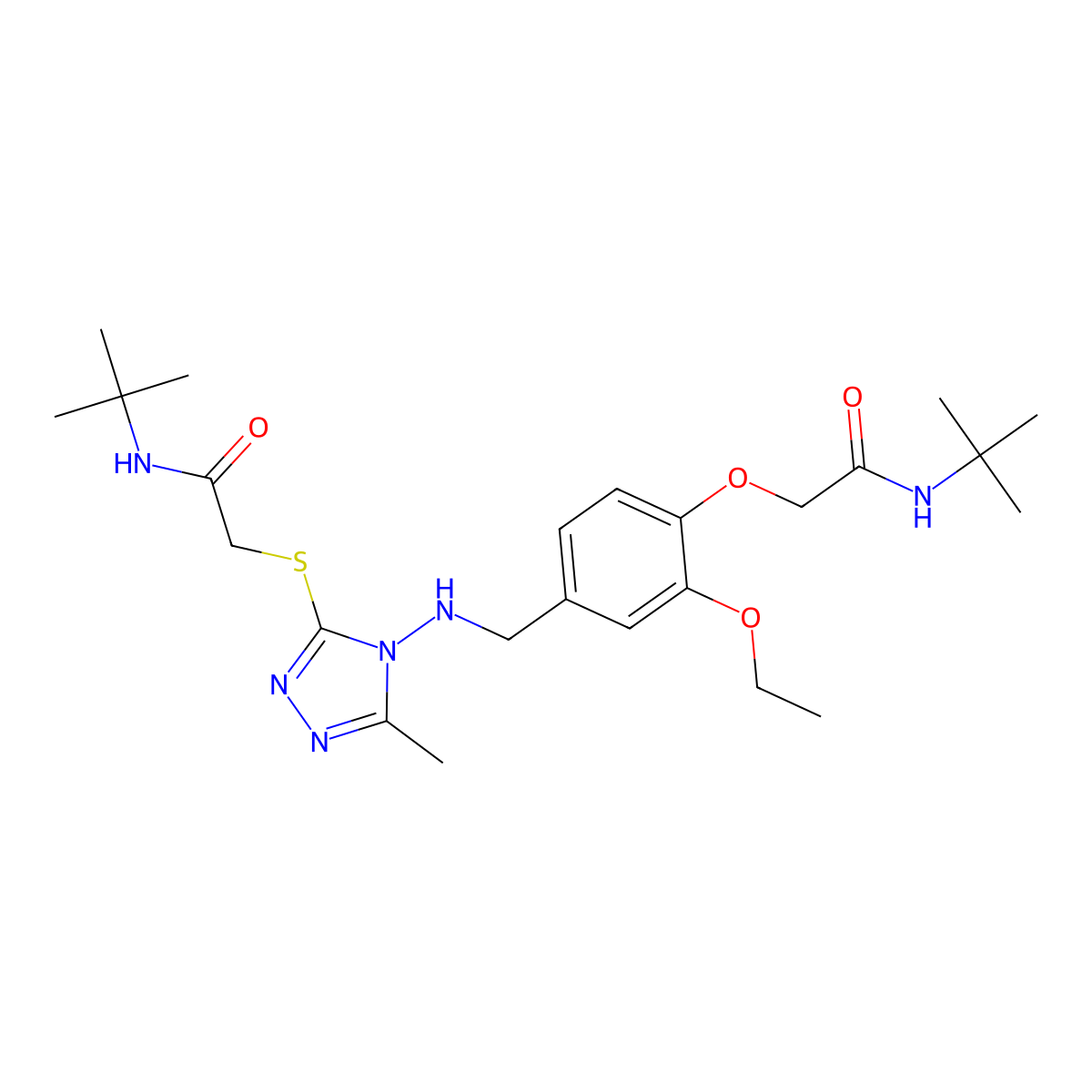 N-tert-butyl-2-[4-[[[3-[2-(tert-butylamino)-2-oxoethyl]sulfanyl-5-methyl-1,2,4-triazol-4-yl]amino]methyl]-2-ethoxyphenoxy]acetamide molecular structure, CAS 700852-69-3
