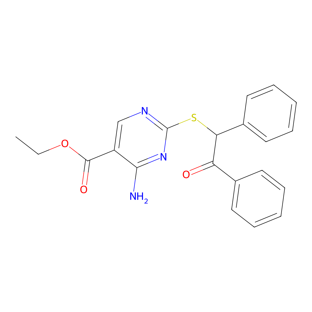 Ethyl 4-amino-2-[(2-oxo-1,2-diphenylethyl)sulfanyl]-5-pyrimidinecarboxylate molecular structure, CAS 700852-95-5