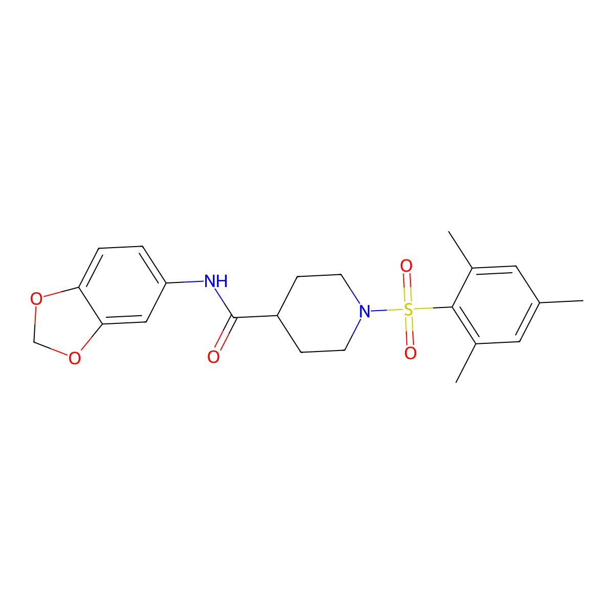 N-(1,3-benzodioxol-5-yl)-1-(2,4,6-trimethylphenyl)sulfonylpiperidine-4-carboxamide molecular structure, CAS 700853-99-2