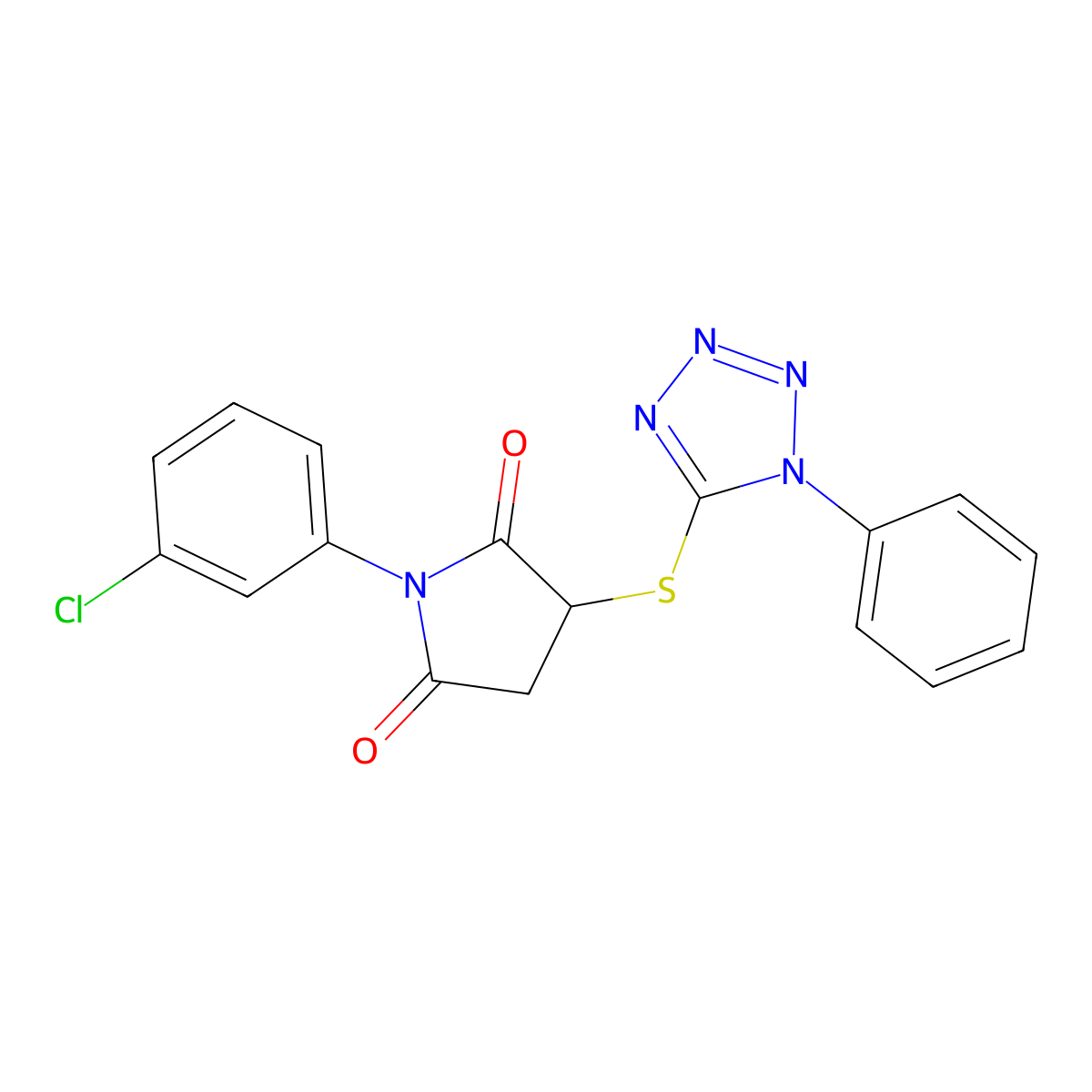 1-(3-chlorophenyl)-3-[(1-phenyl-1H-tetrazol-5-yl)sulfanyl]pyrrolidine-2,5-dione molecular structure, CAS 700854-73-5