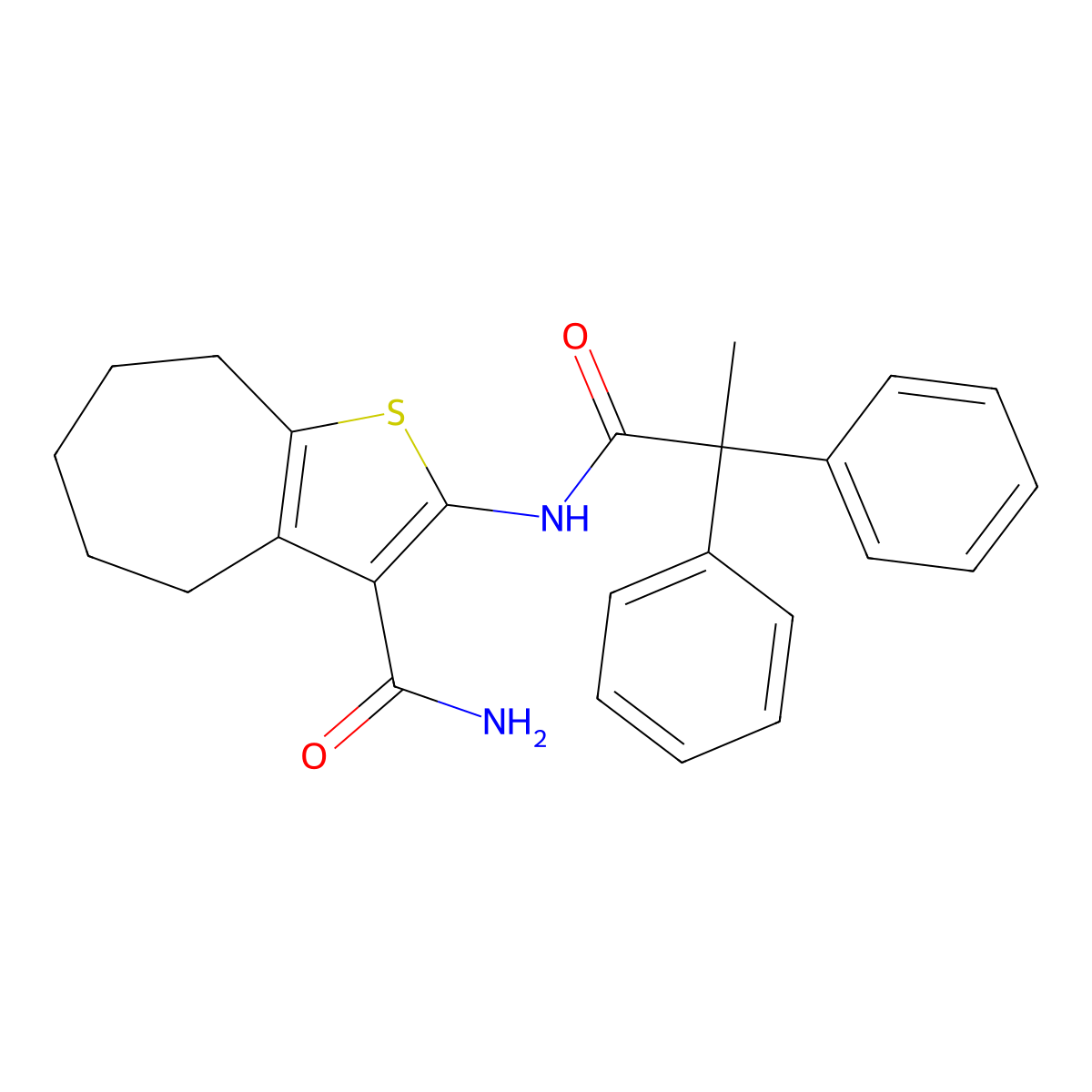 2-(2,2-diphenylpropanoylamino)-5,6,7,8-tetrahydro-4H-cyclohepta[b]thiophene-3-carboxamide molecular structure, CAS 700857-71-2