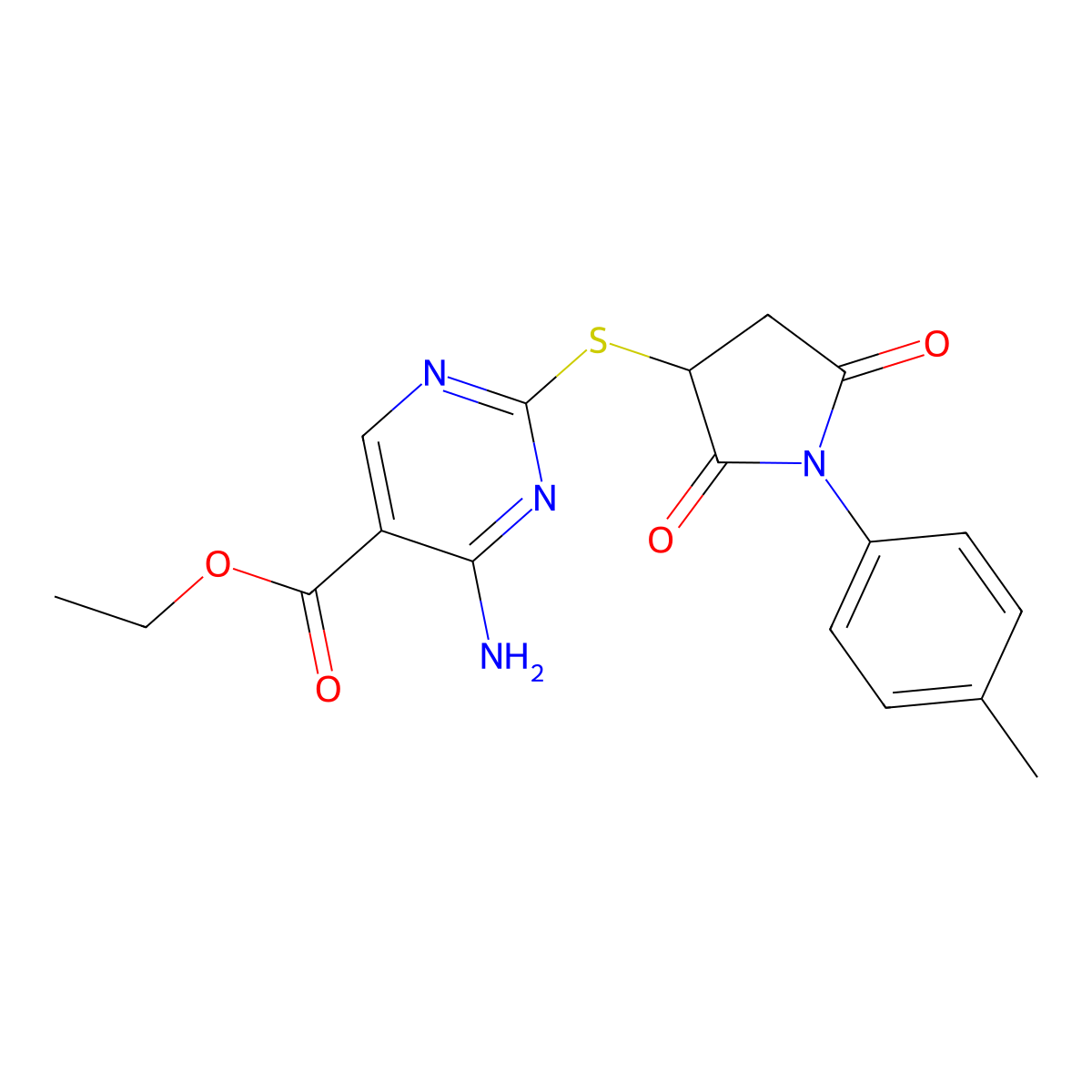 Ethyl 4-amino-2-{[1-(4-methylphenyl)-2,5-dioxo-3-pyrrolidinyl]thio}-5-pyrimidinecarboxylate molecular structure, CAS 700857-94-9