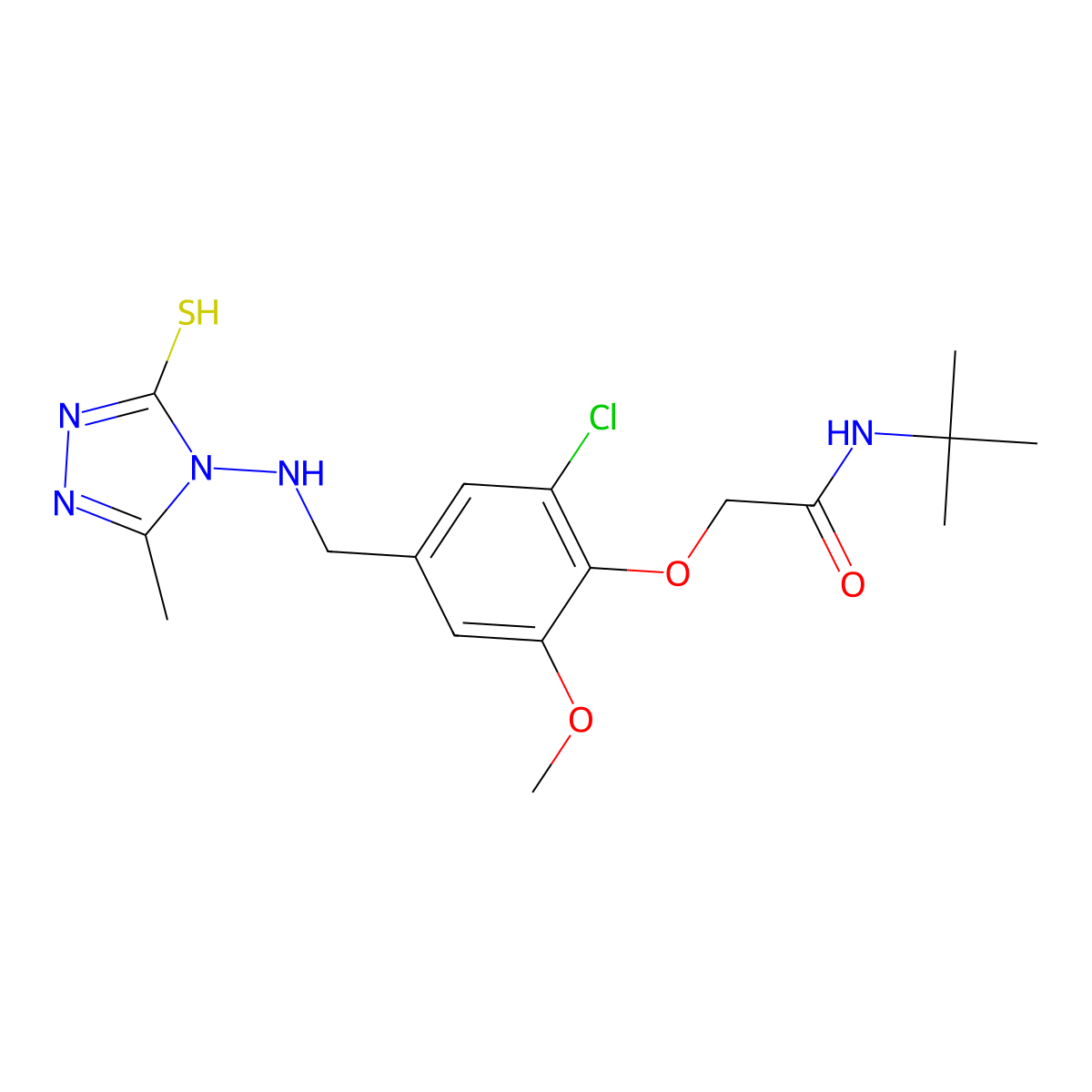 N-tert-Butyl-2-[2-methoxy-4-[(3-mercapto-5-methyl-4H-1,2,4-triazole-4-ylamino)methyl]-6-chlorophenoxy]acetamide molecular structure, CAS 700858-72-6